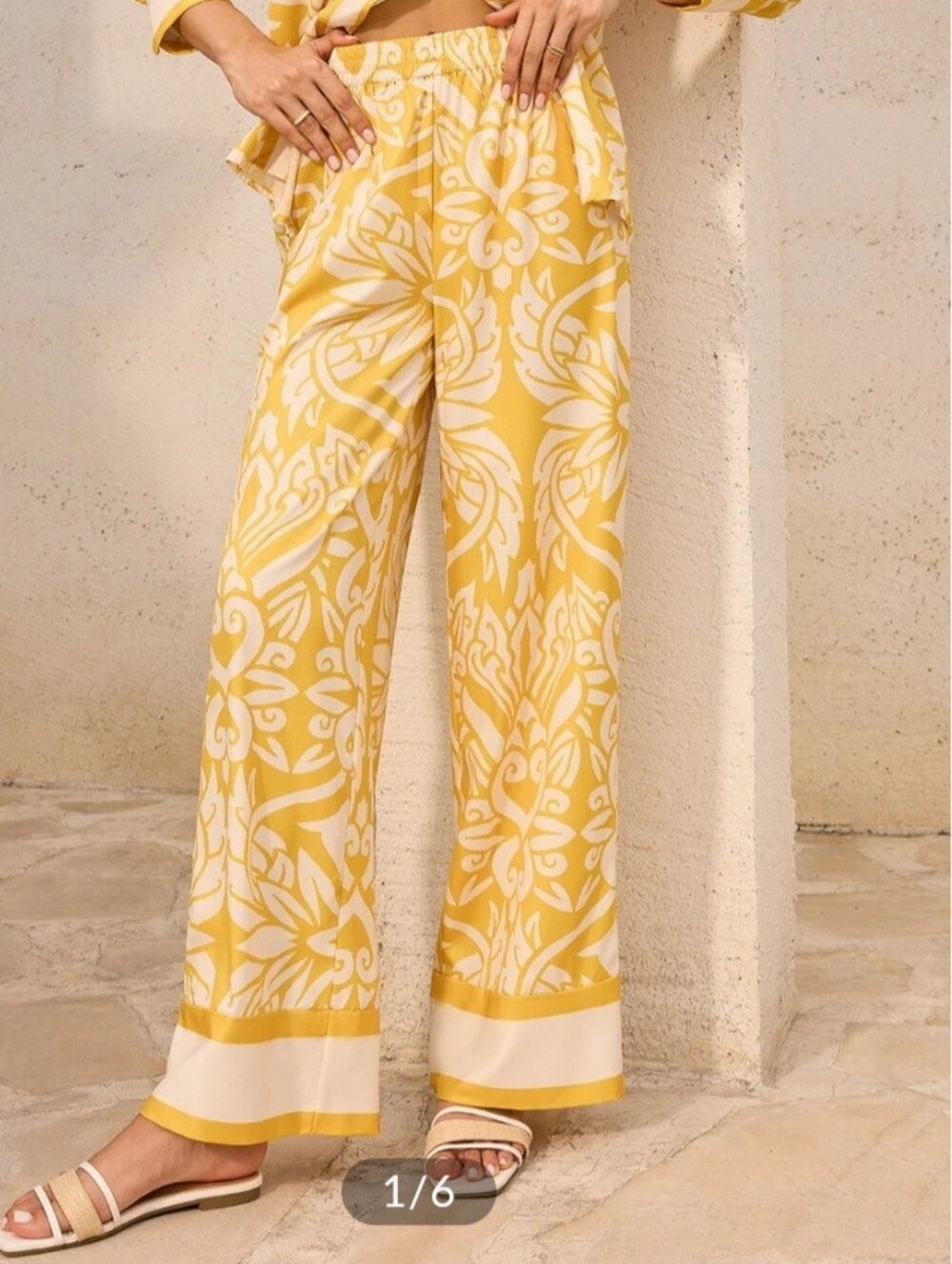 Commense Patterned Bright Yellow & White Mid-Waisted Wide-Leg Pants
